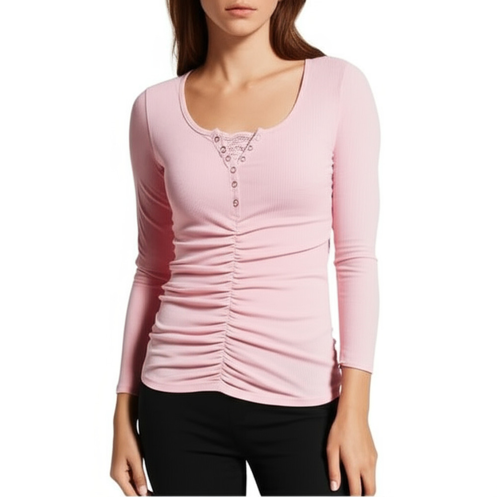 Henley Shirt Womens Size XL Light Pink Ribbed Knit‎ Lace Trim Casual Chic Soft